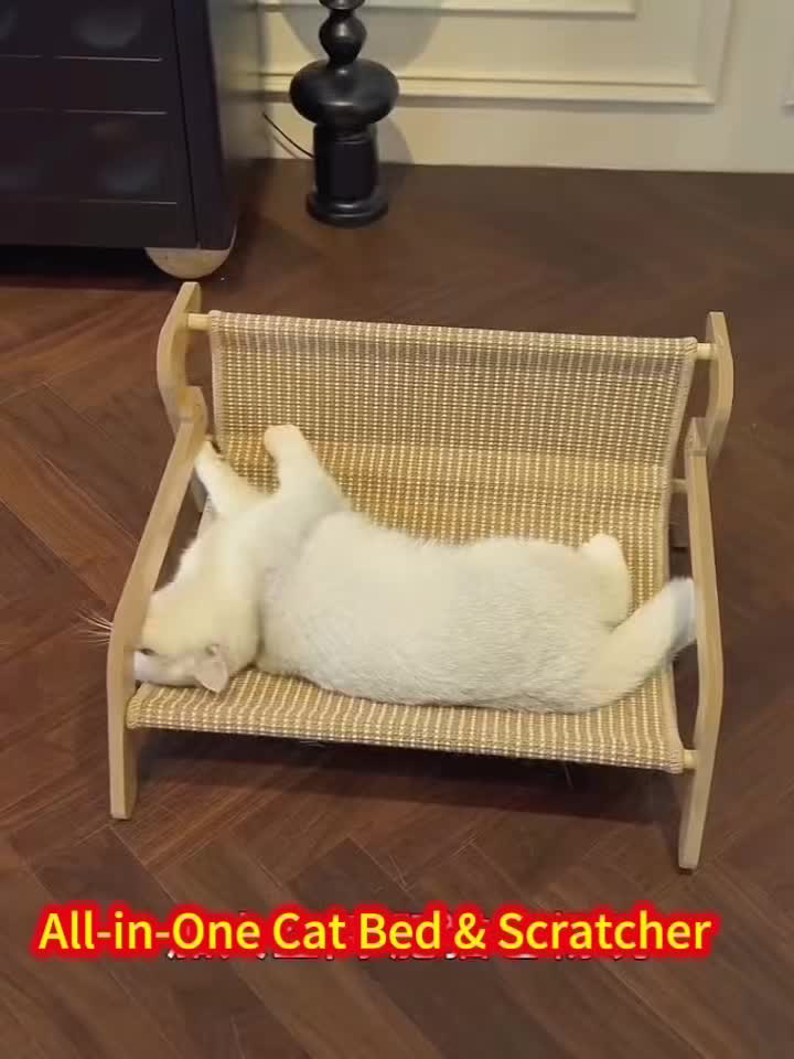 Cat Hammock and Scratching Post Combo with Solid Wood Frame and Built-In Resting Nest, 2-in-1 Indoor Cat Bed in Large 21.06 x 18.11 x 11.1 Inch Size