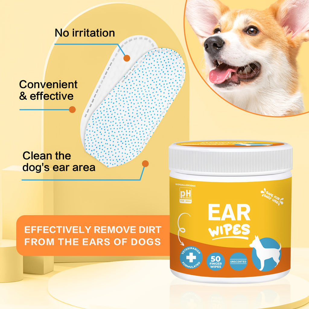 Dog Ear Cleaner Wipes with Coconut Scent, Finger Wipes for Routine Ear Grooming, with Separate Dental Wipes, Teeth Cleaning Kit and Eye Wipe Options