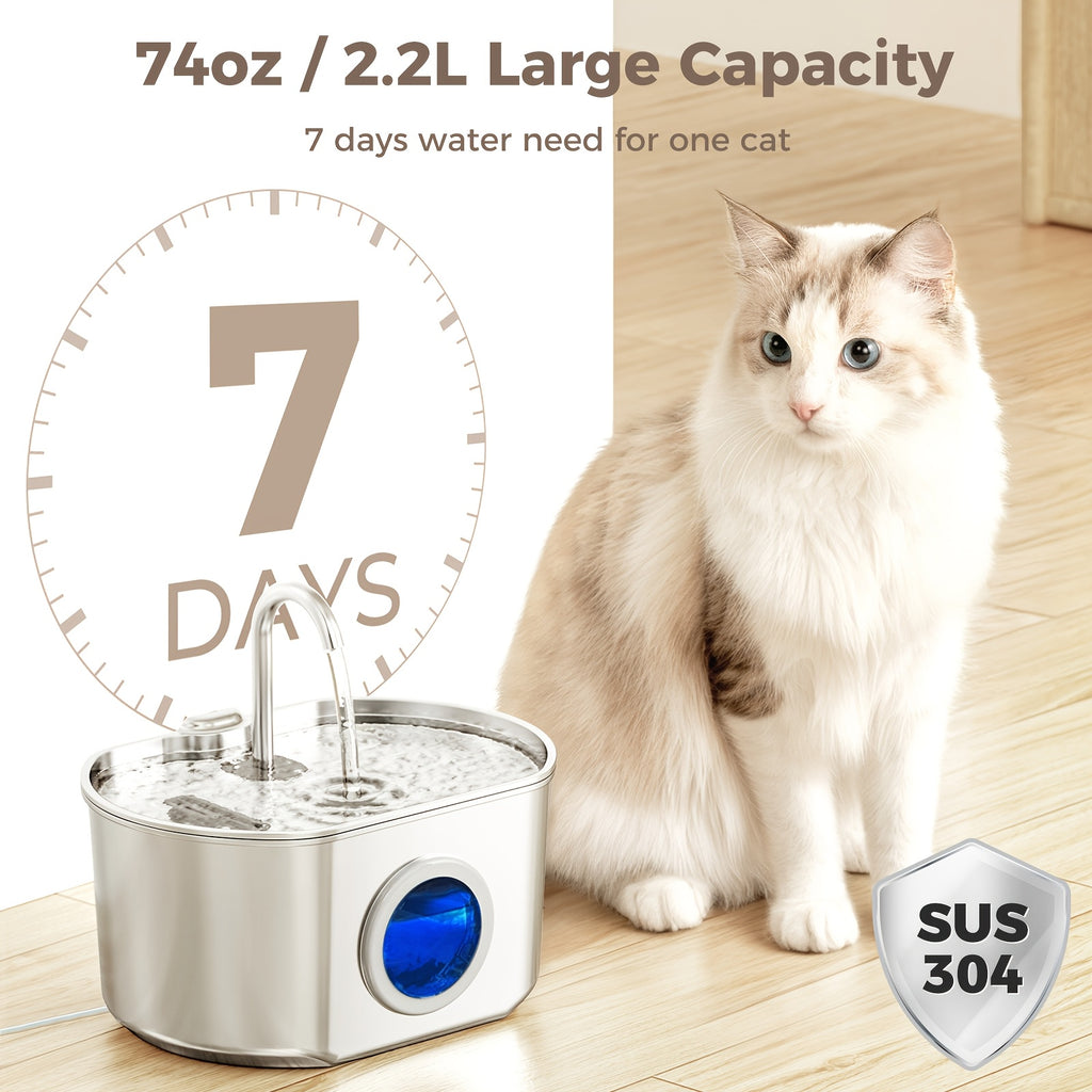 Cat Water Fountain 74oz 2.2L in 304 Stainless Steel, Quiet 5V Pet Drinking Dispenser with Water Level Window and Choice of 1 or 4 Filters