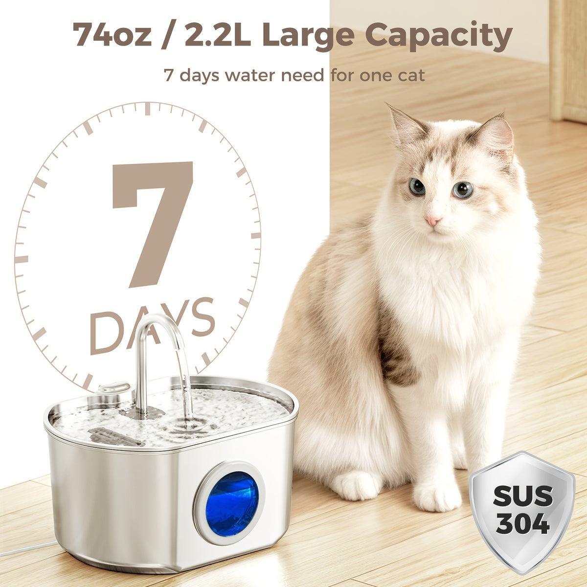 Cat Water Fountain 74oz 2.2L in 304 Stainless Steel, Quiet 5V Pet Drinking Dispenser with Water Level Window and Choice of 1 or 4 Filters