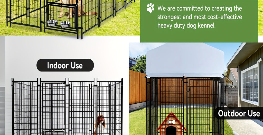 Covered Outdoor Dog Kennel with 2 Rotating Bowls, Welded Steel Wire Dog Pen with Lockable Gate, 69-Inch Height and Two Length Options