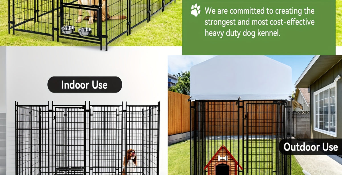 Covered Outdoor Dog Kennel with 2 Rotating Bowls, Welded Steel Wire Dog Pen with Lockable Gate, 69-Inch Height and Two Length Options