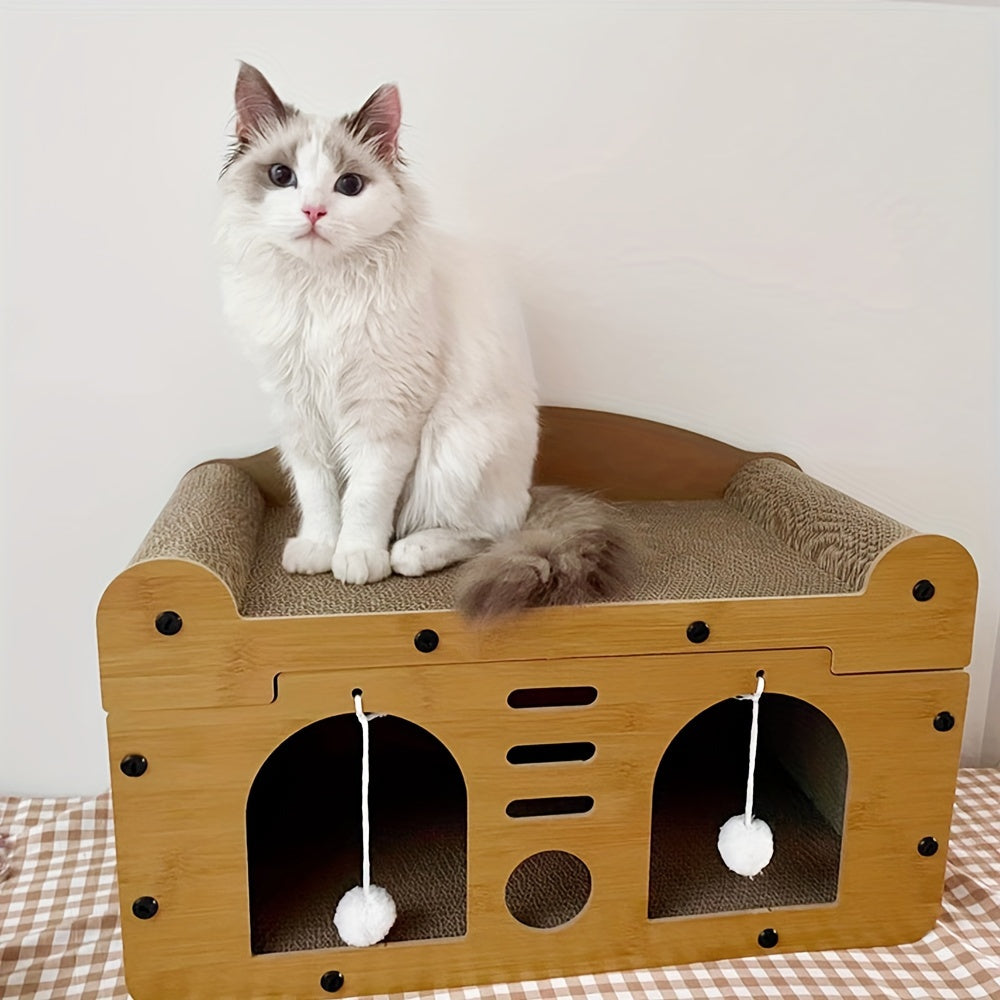 Three-Level Cat House with Dual Scratching Boards, Plush Balls and Ventilation Doors, Multi-Feature Cat Condo for Resting, Scratching and Play