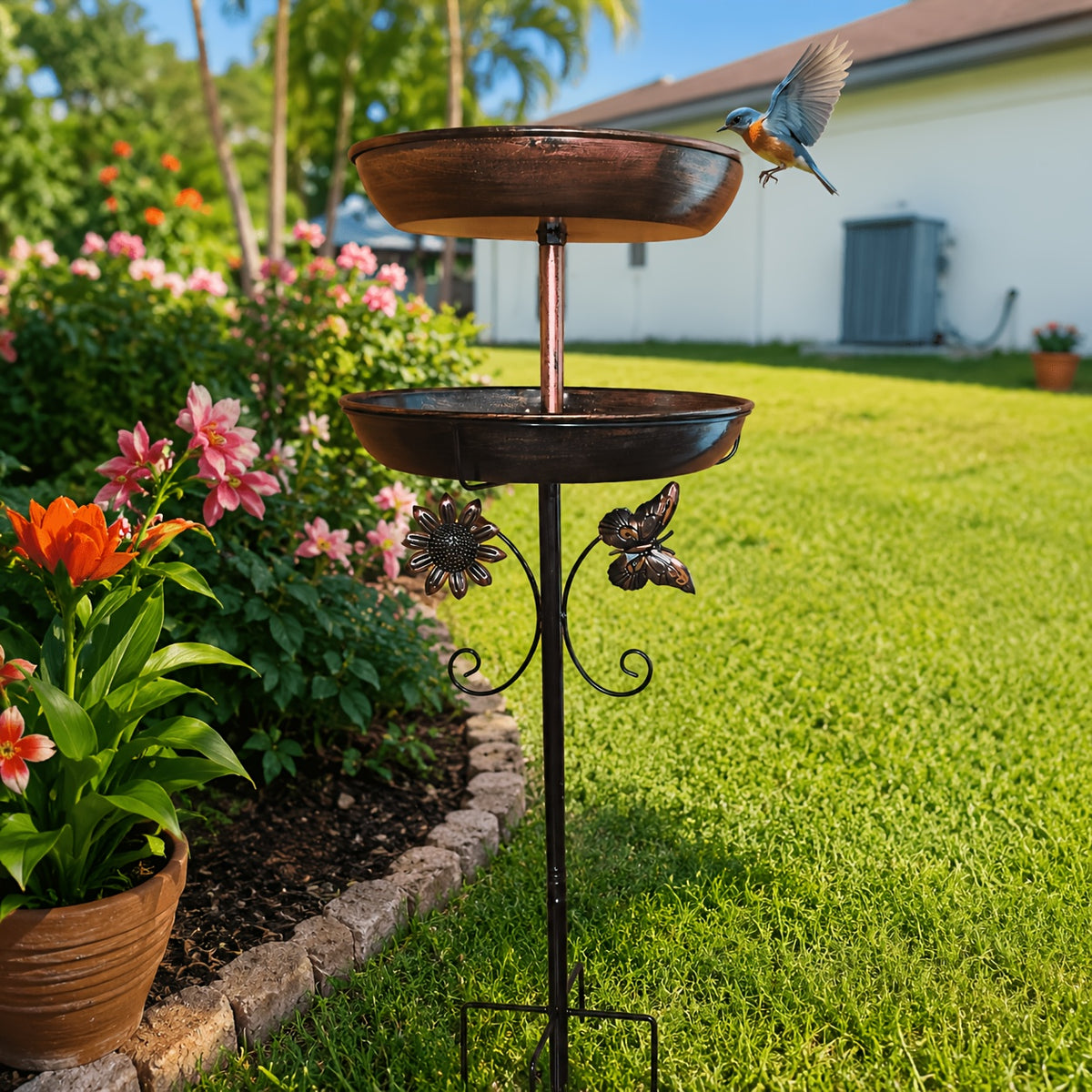 Bronze Metal Bird Bath with Flower and Butterfly Accents, Five-Prong Ground Stake Garden Basin with Single Layer and Set Options for Outdoor Yard Decor