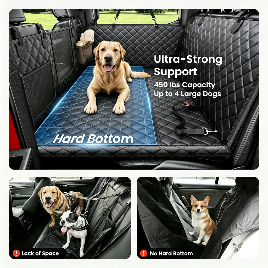 Back Seat Extender for Dogs with Hard Bottom, Black Quilted Car Seat Cover Hammock with Mesh Window and Storage Pockets for Compatible Cars, SUVs and Trucks