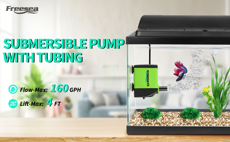 Submersible Fountain Pump 160GPH 10W with Adjustable Flow, Two Nozzles and Tubing for Aquarium, Small Pond and Hydroponic Water Circulation