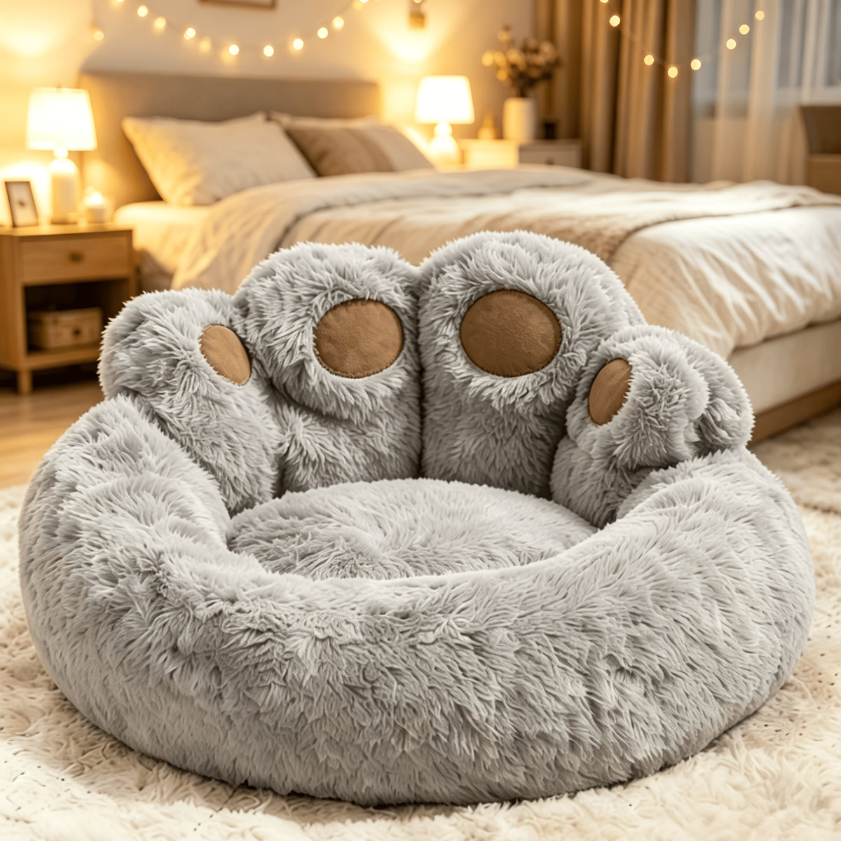 Faux Fur Pet Bed with Washable Bear Paw Design, Soft Plush Dog and Cat Sleeping Cushion with Non-Slip Bottom in Three Sizes and Colors
