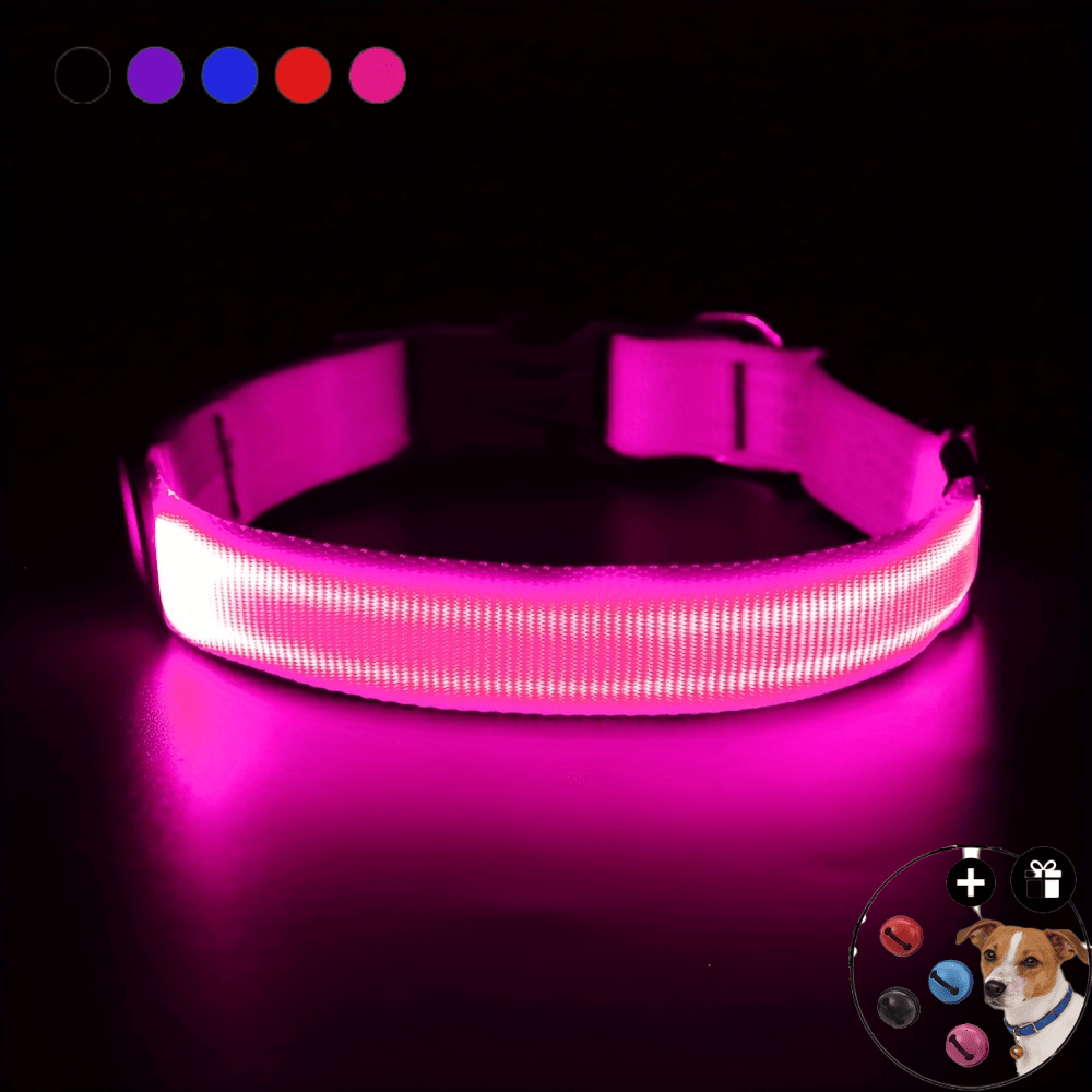 Light Up Dog Collar with 4 Bells, Micro USB Rechargeable LED Nylon Pet Collar with Adjustable Fit, Plastic Buckle and D-Ring for Night Walks