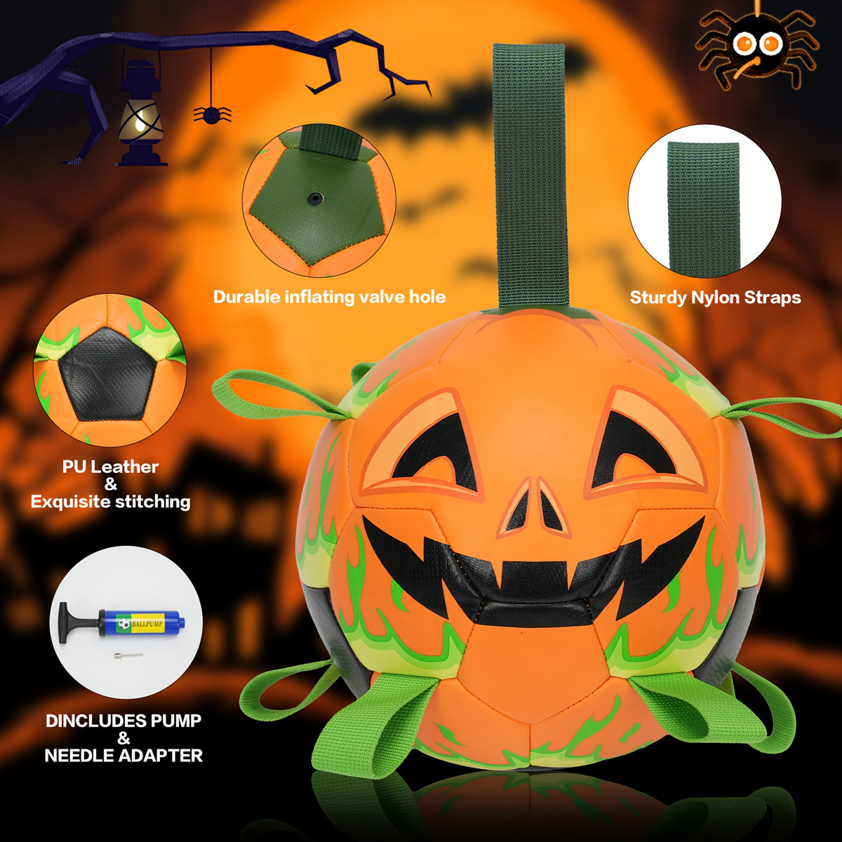 Halloween Pumpkin Dog Ball with Grab Tabs, Orange Jack-O-Lantern Fetch Toy with Carry Strap for Interactive Outdoor Play and Seasonal Pet Gifts
