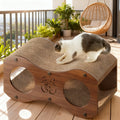 Cat Scratcher Lounge with Double Tunnel Openings, Curved Corrugated Cardboard Scratching Bed with Walnut Color Side Panels for Indoor Rest and Play