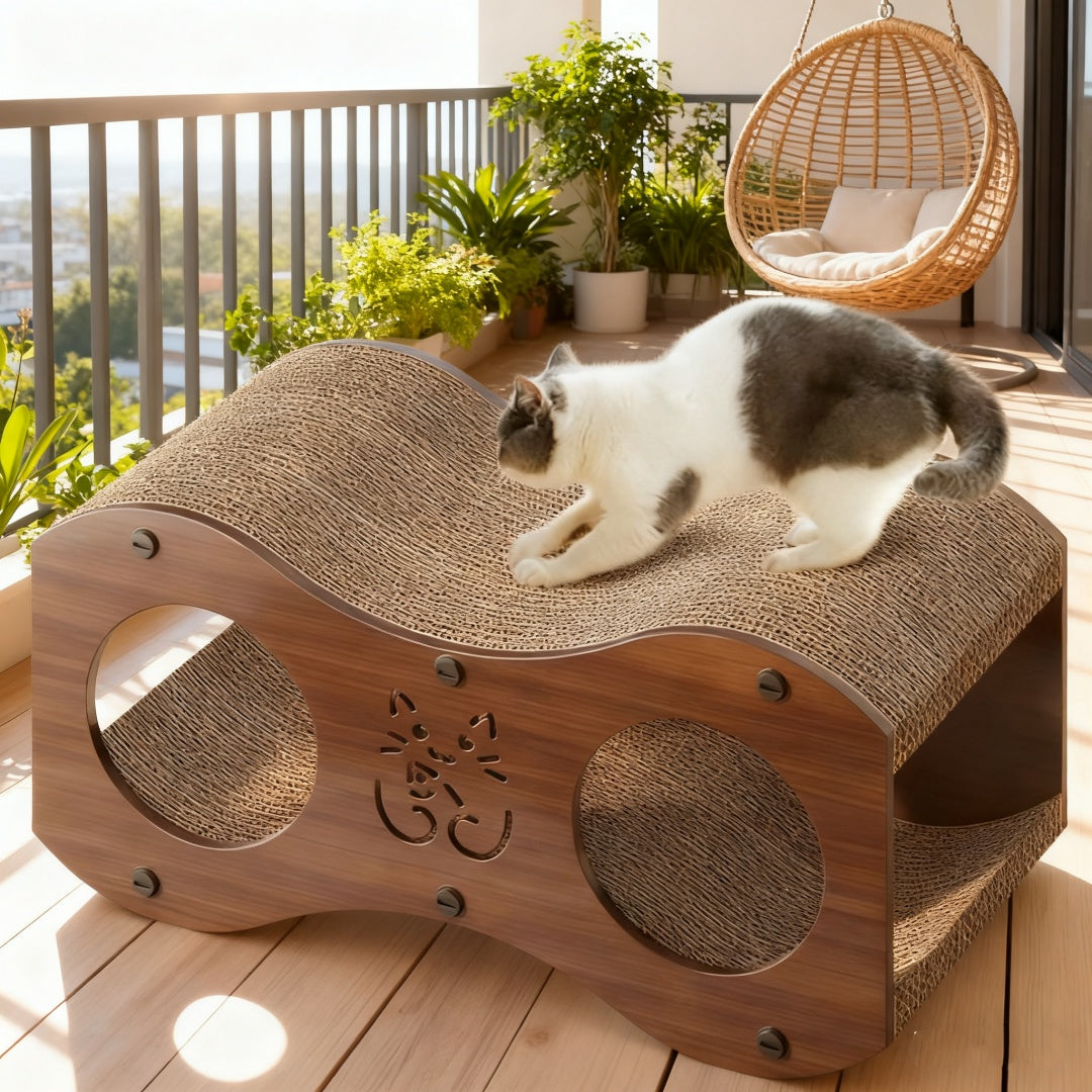 Cat Scratcher Lounge with Double Tunnel Openings, Curved Corrugated Cardboard Scratching Bed with Walnut Color Side Panels for Indoor Rest and Play