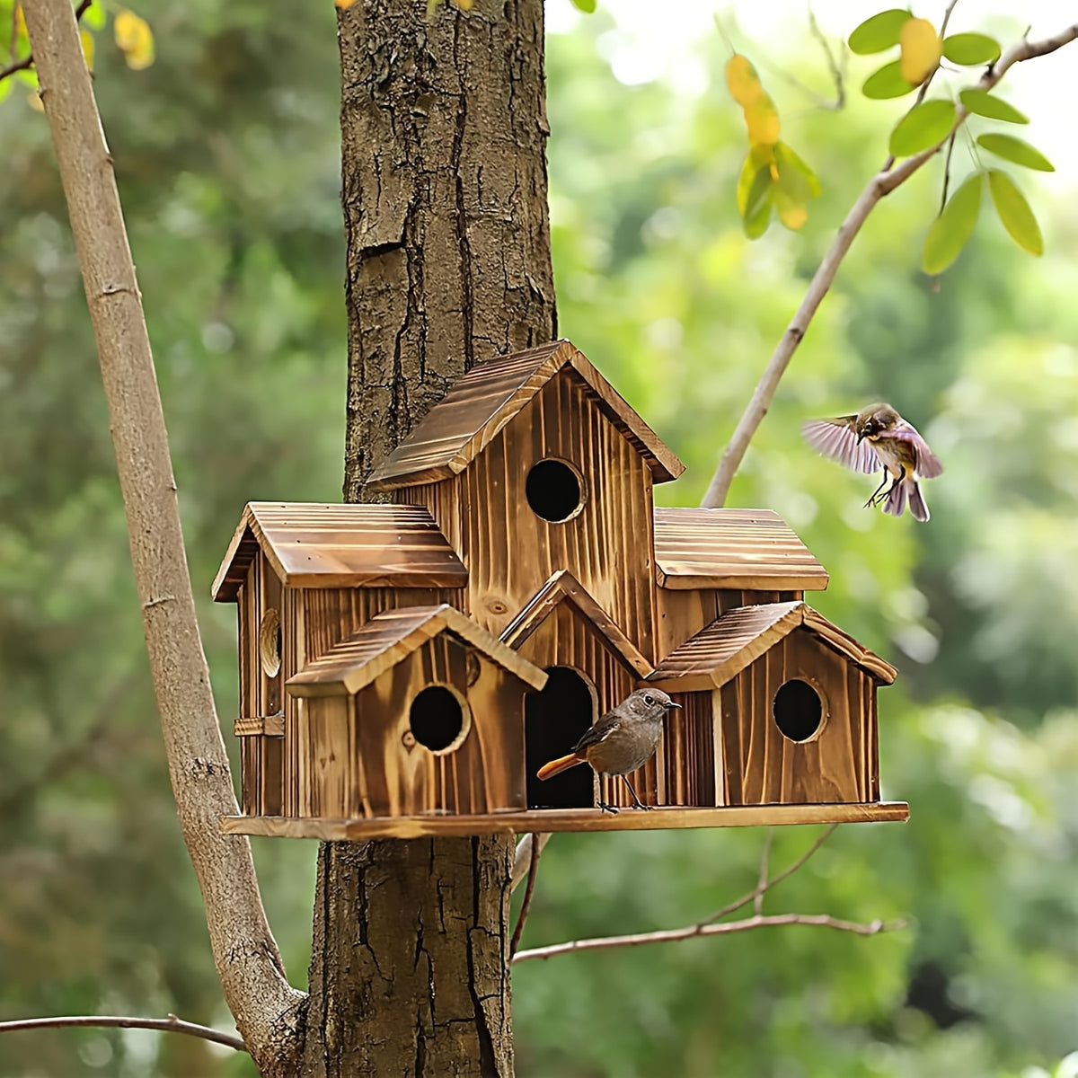 Rustic Outdoor Birdhouse in Dark Brown, Wooden Country Cottage Design with Multiple Entry Openings and Pitched Roofs for Garden and Yard Decor