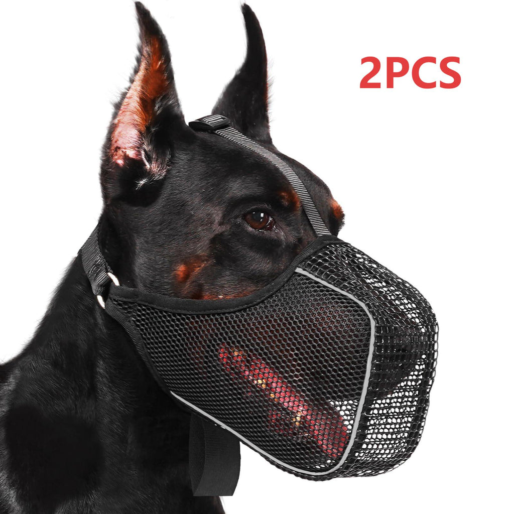 Full Coverage Mesh Dog Muzzle Mask 2-Pack in Black, Reflective Polyester Design with Adjustable Straps for Supervised Grooming and Vet Visits