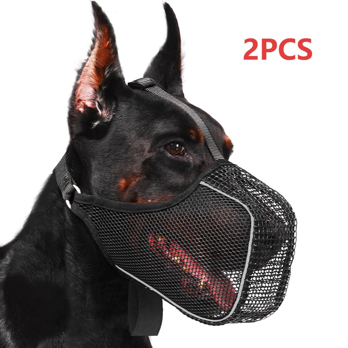 Full Coverage Mesh Dog Muzzle Mask 2-Pack in Black, Reflective Polyester Design with Adjustable Straps for Supervised Grooming and Vet Visits