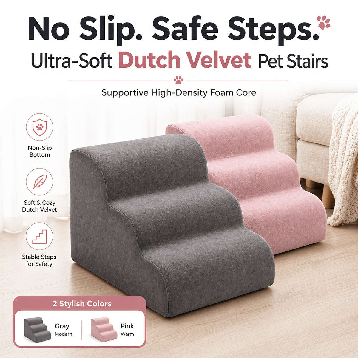 Dog Stairs for Bed with Dutch Velvet, Non-Slip Pet Steps for Small and Senior Dogs, 2/3/4-Step Options for Sofa and Couch, Gray or Pink