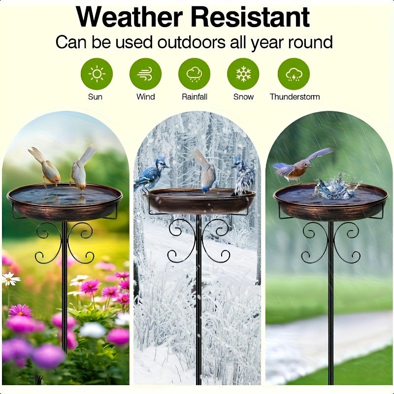 Bird Bath with Removable Metal Basin and Scrollwork Stand, Five-Prong Garden Stake for Outdoor Water or Seed, Single and Double-Layer Options