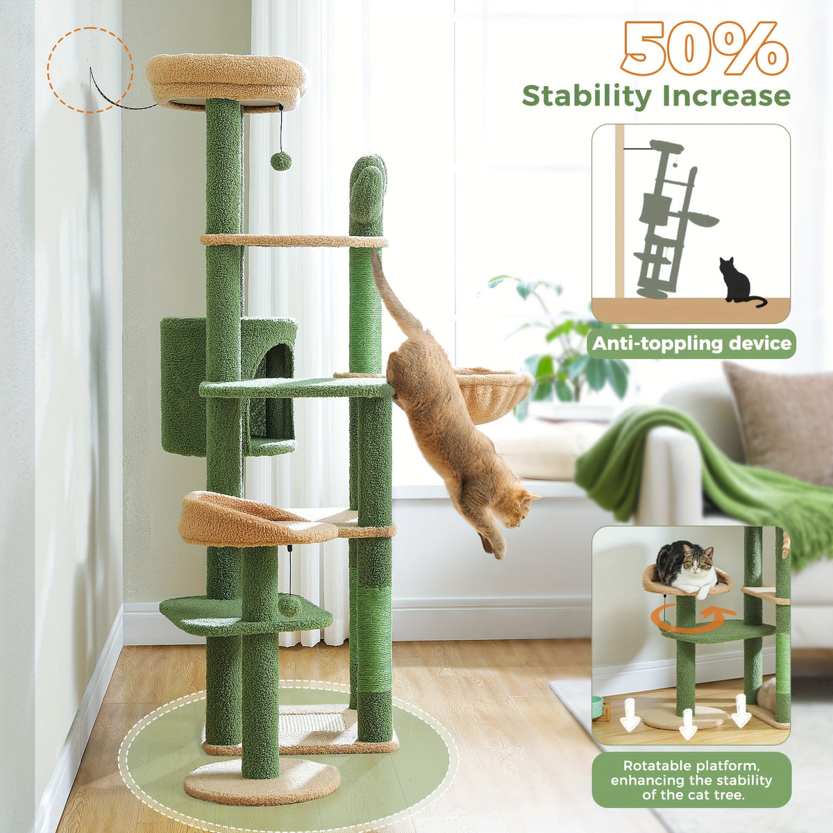 Cat Tree with Twin Perches and Large Hammock, Multi-Level Indoor Cat Tower with Condo Hideaway, Sisal Scratching Posts and Cactus Green Color Option