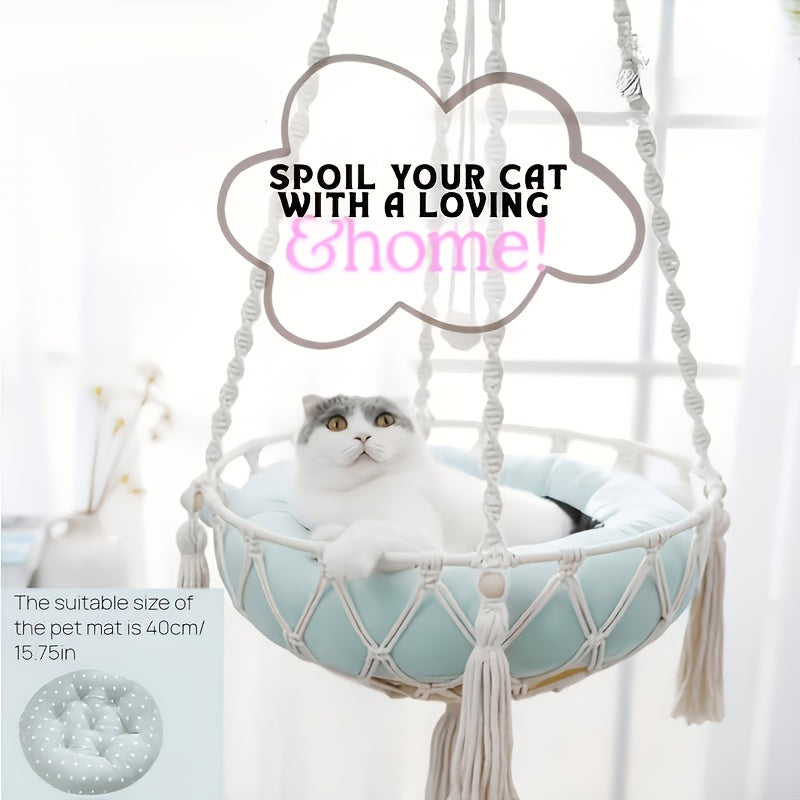 Rope Cat Hammock Hand-Woven Hanging Basket Bed for Indoor Resting, Round Pet Swing Nest in 15.75 or 11.81 Inch Diameter for Lounging