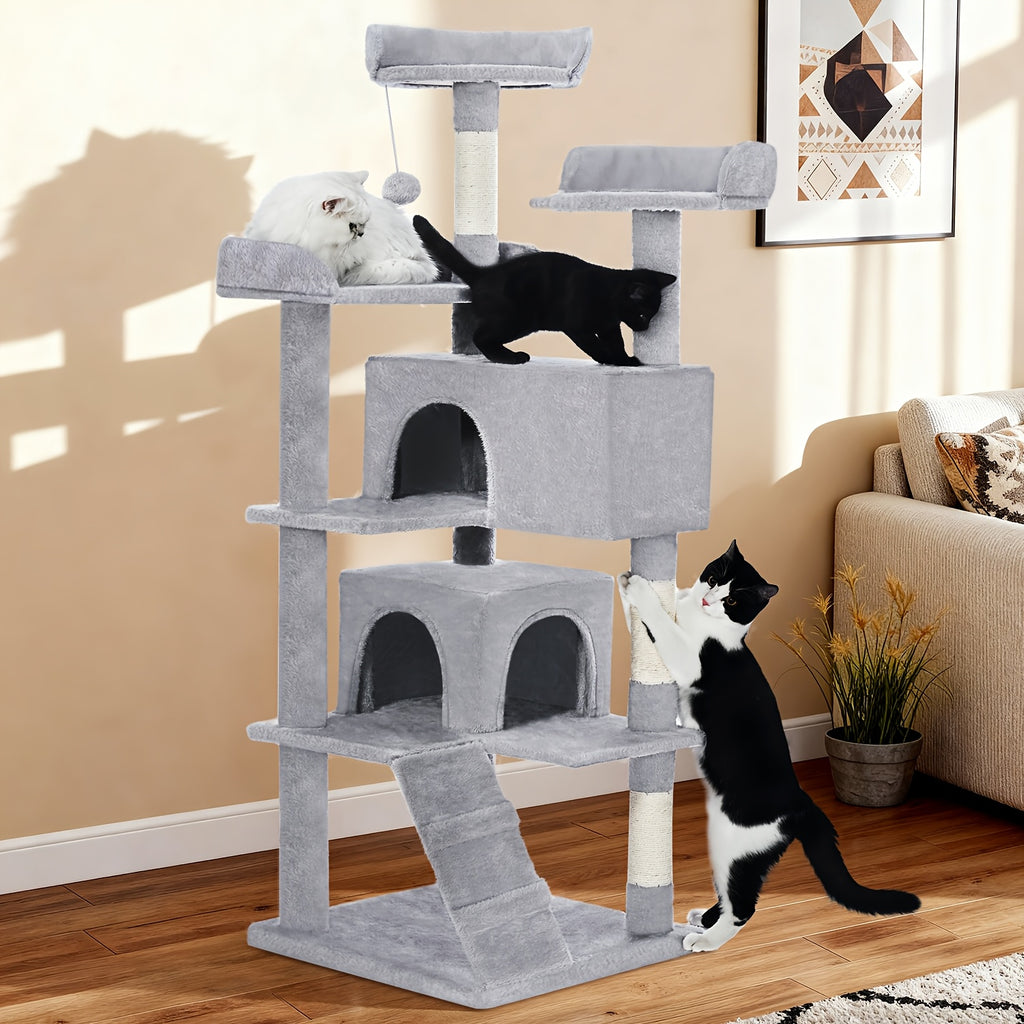 Cat Tree with Two Condo Retreats in Light Grey, Multi-Level Indoor Cat Tower with Scratching Posts and Play Toys for Kittens and Cats to Climb, Rest and Explore