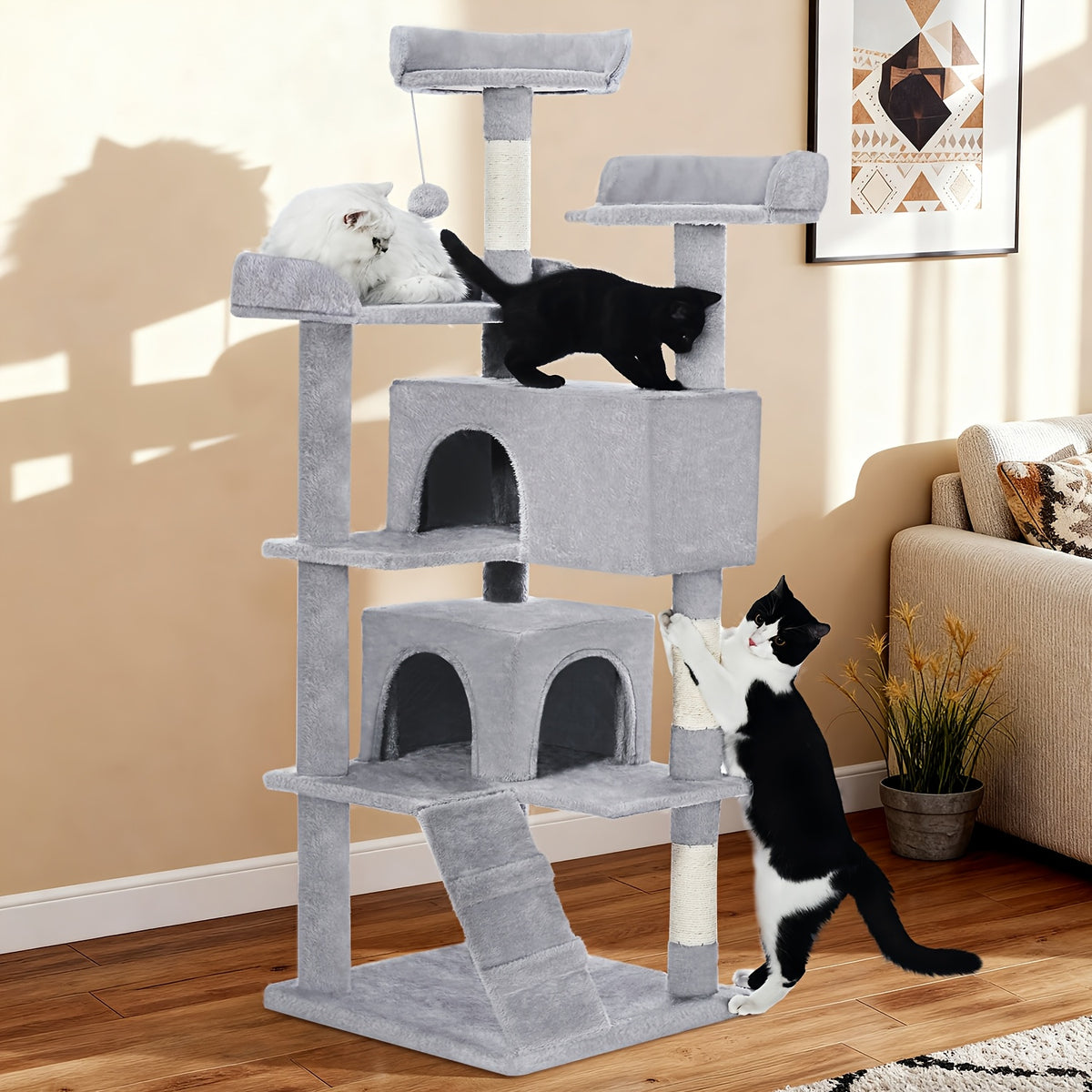 Cat Tree with Two Condo Retreats in Light Grey, Multi-Level Indoor Cat Tower with Scratching Posts and Play Toys for Kittens and Cats to Climb, Rest and Explore