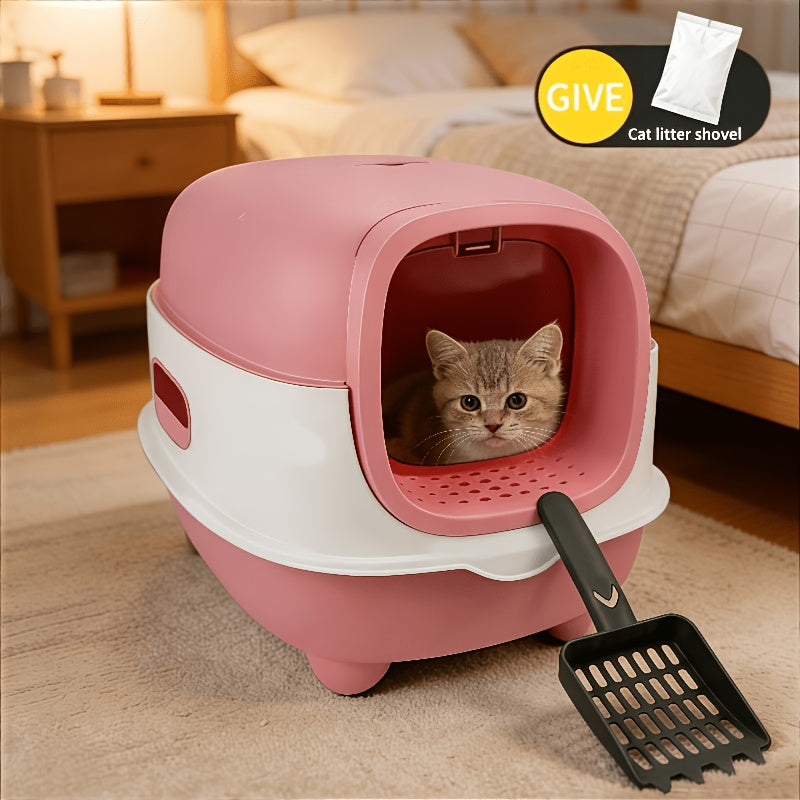 Cat Litter Box with Full Cover and Scoop, Spill-Reducing Enclosed Kitty Toilet in Gray or Blue for Indoor Potty Routines and Easy Daily Cleanup