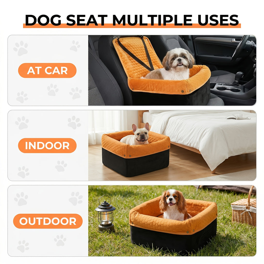 Memory Foam Dog Car Seat for Pets up to 35 lbs, Non-Slip Booster Travel Bed with Removable Waterproof Cover, Adjustable Straps and Storage Pocket