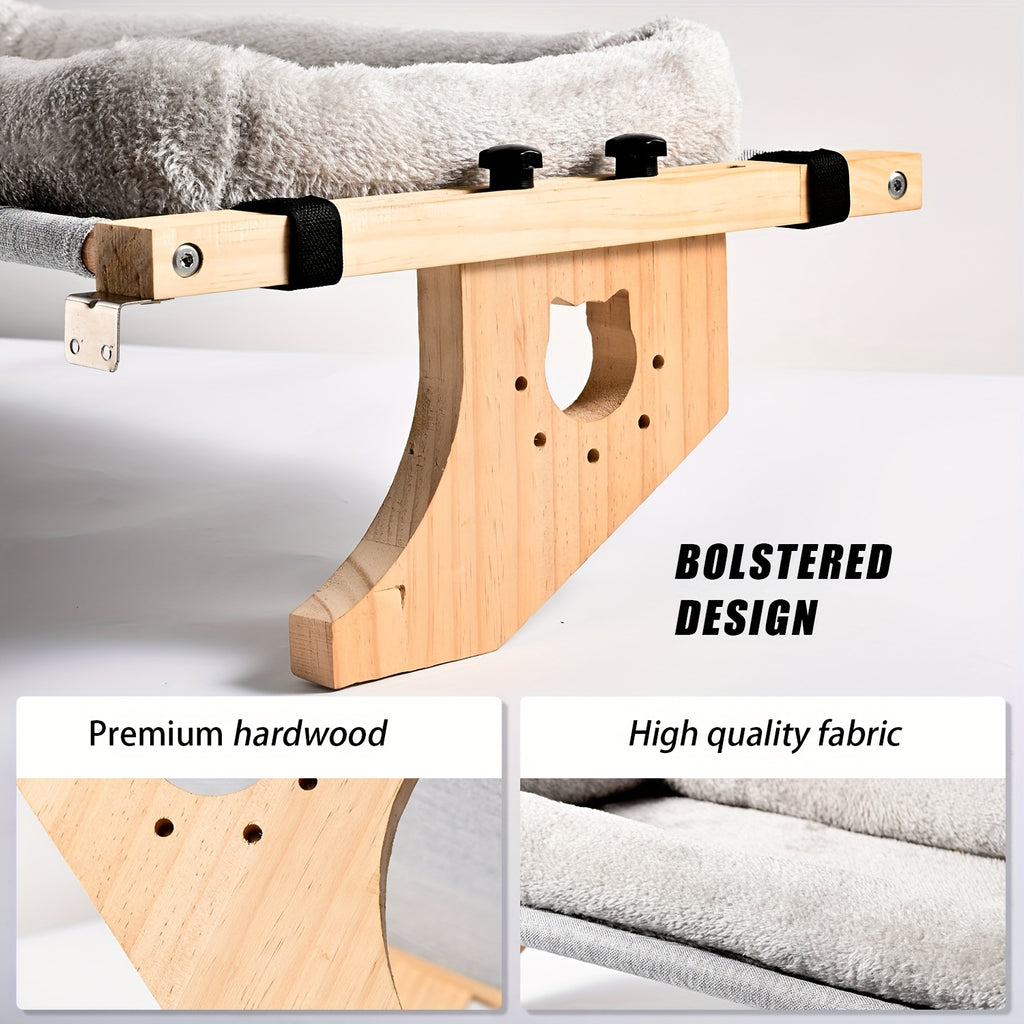 Wooden Cat Window Hammock, 19.7 x 15 Inch Adjustable Windowsill Perch with Plush Cushion and Optional Cooling Mat for Indoor Cat Lounging
