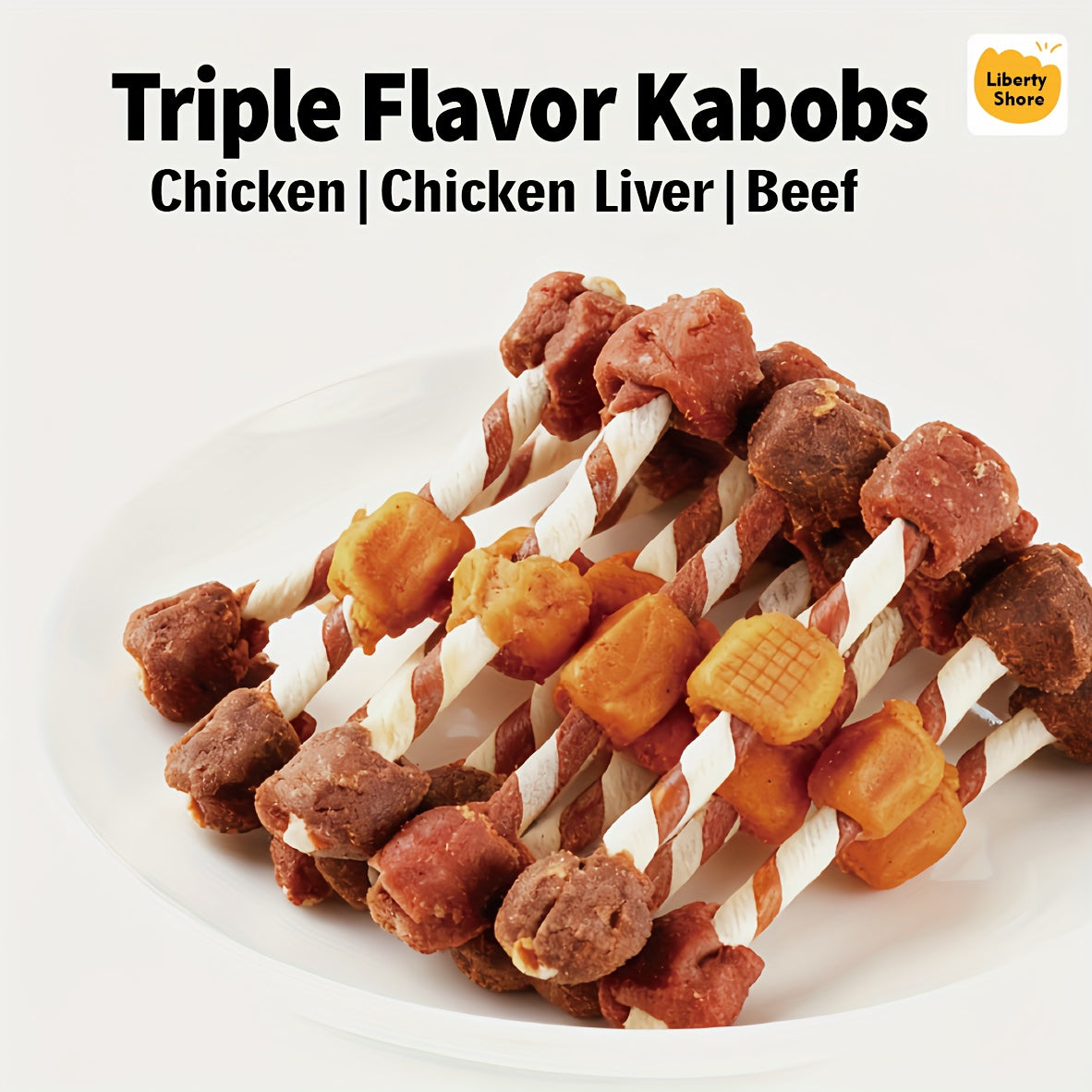 Dog Kabob Treats Triple Flavor, Chicken, Beef and Chicken Liver Chew Kebabs on Twisted Chew Sticks, Meaty Kabob Dog Chews for Small, Medium and Large Dogs, 100g to 900g Packs