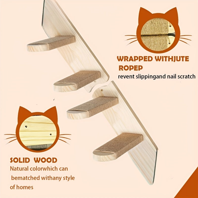 Cat Wall Stairs with Four Rope-Wrapped Steps, Solid Wood Wall-Mounted Climbing Ladder for Indoor Cat Routes and Space-Saving Furniture Layouts