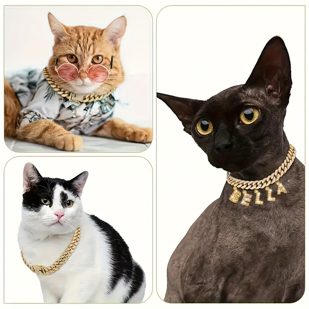 Personalized Dog Name Necklace, Rhinestone Cuban Link Chain with Custom Pendant, Gold or Silver Color Zinc Alloy Pet Jewelry for Photos and Parties