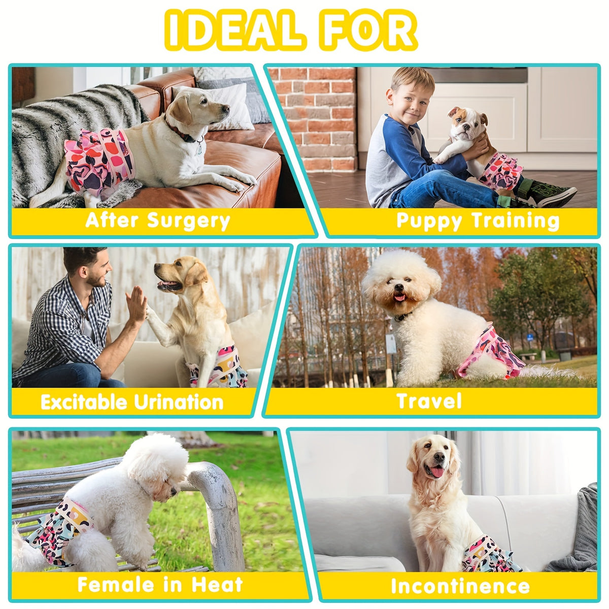 Washable Dog Diapers for Female Dogs, 3-Pack Reusable Sanitary Panties for Heat Cycles, Indoor Accident Management and Puppy Training, XS to L