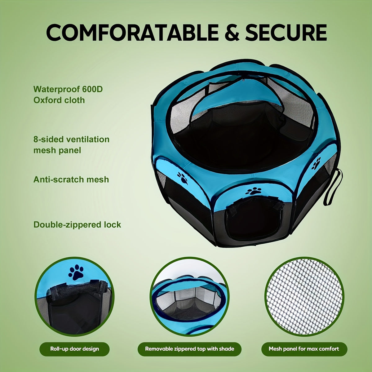 Pet Travel Playpen with Mesh Windows and Zipper Door, Foldable Octagonal Oxford Cloth Tent for Dogs and Cats, Beige Gray or Blue Size Options