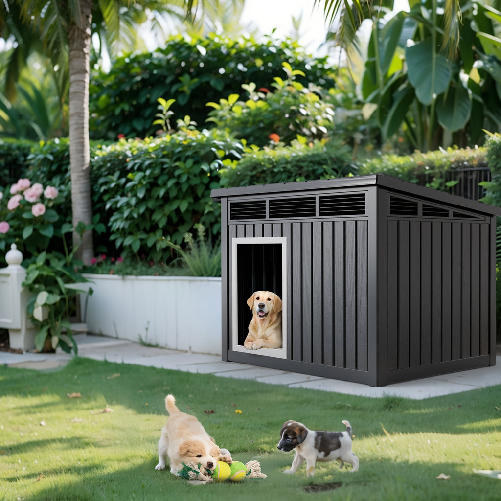 Ventilated Dog House with Slanted Roof, Black or Grey Indoor Outdoor Pet Shelter with Listed Waterproof and UV-Resistant Features for Large Dogs