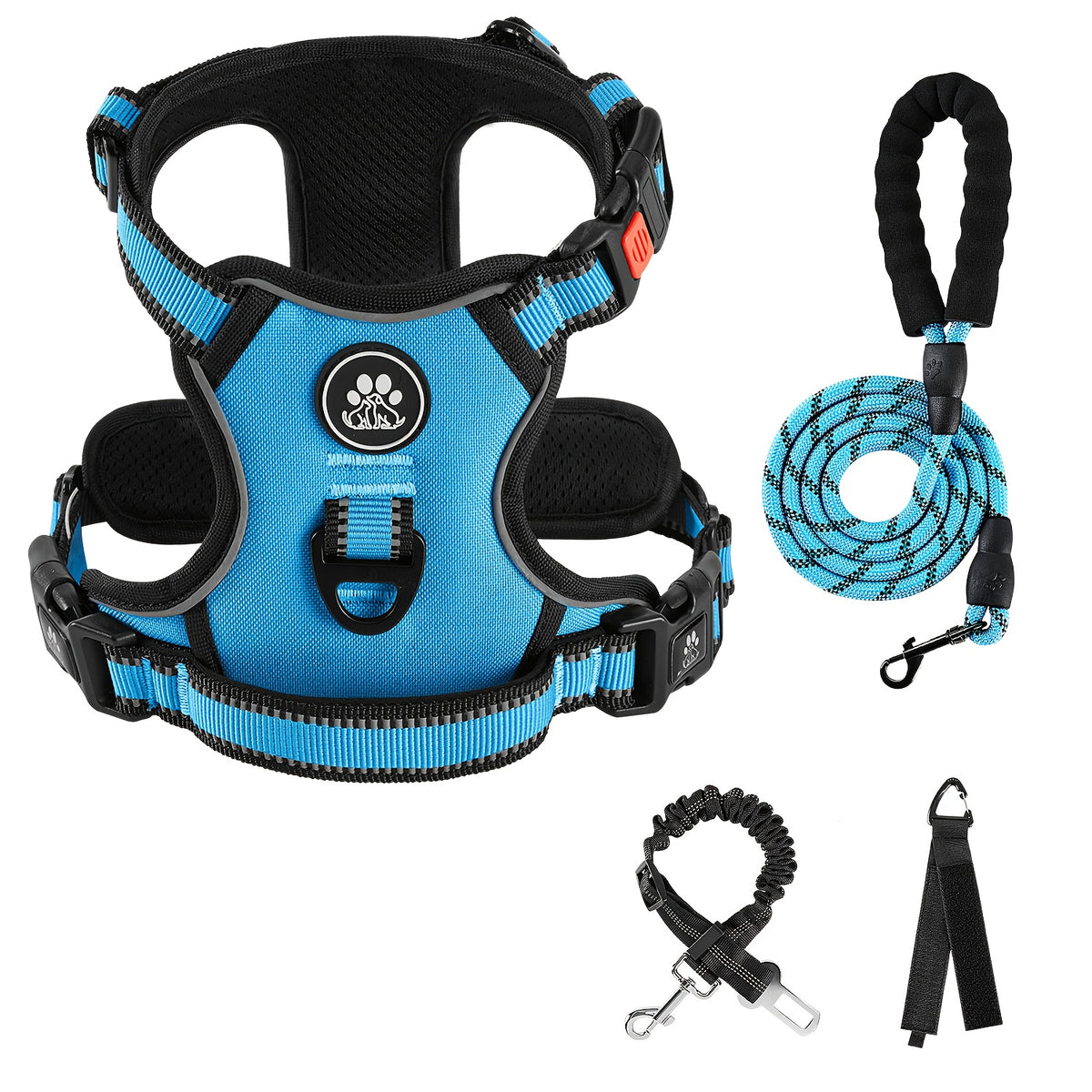 No Pull Dog Harness Set with Three-Buckle Open-Neck Design, Reflective Adjustable Vest, Padded Handle, Leash and Seat Belt, XS-XL