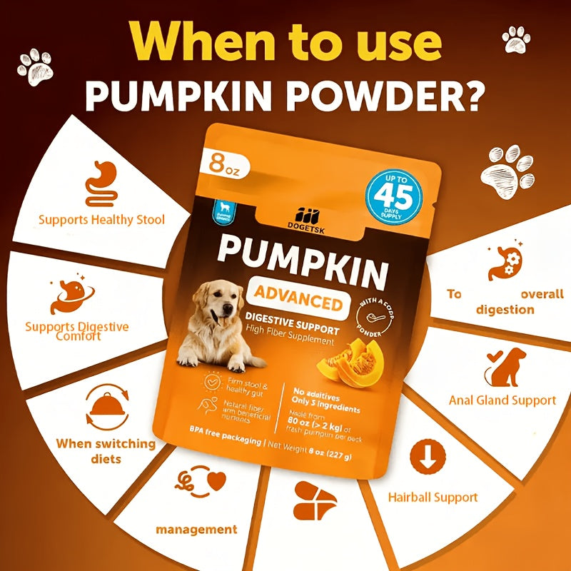 Pumpkin for Dogs Digestive Support Powder, High Fiber Pumpkin Supplement with Scoop for Firm Stools and Gut Health, 8 oz Bag for All Breeds