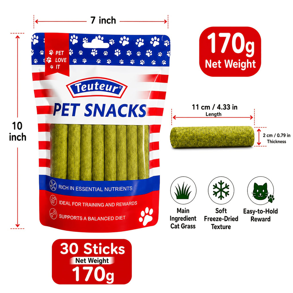 Cat Grass Snack Sticks in 15 or 30 Piece Packs, Edible Chew Treats for Supervised Cat Snack Time, Everyday Rewards and Pet Owner Gift Baskets