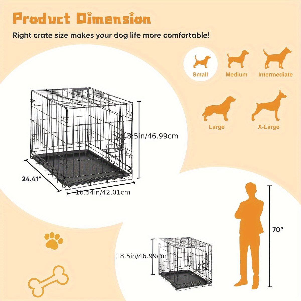 Double Door Dog Crate with Divider Panel, Folding Metal Wire Pet Kennel with Leak-Proof Plastic Tray in 24.41 or 30.31 Inch Sizes