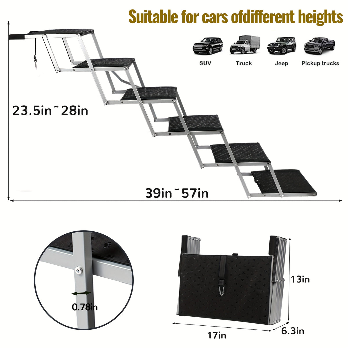Dog Stairs for Cars, 6-Step Folding Non-Slip Pet Ladder for Large Dogs up to 200 lbs, Portable Vehicle Steps for SUVs and Trucks