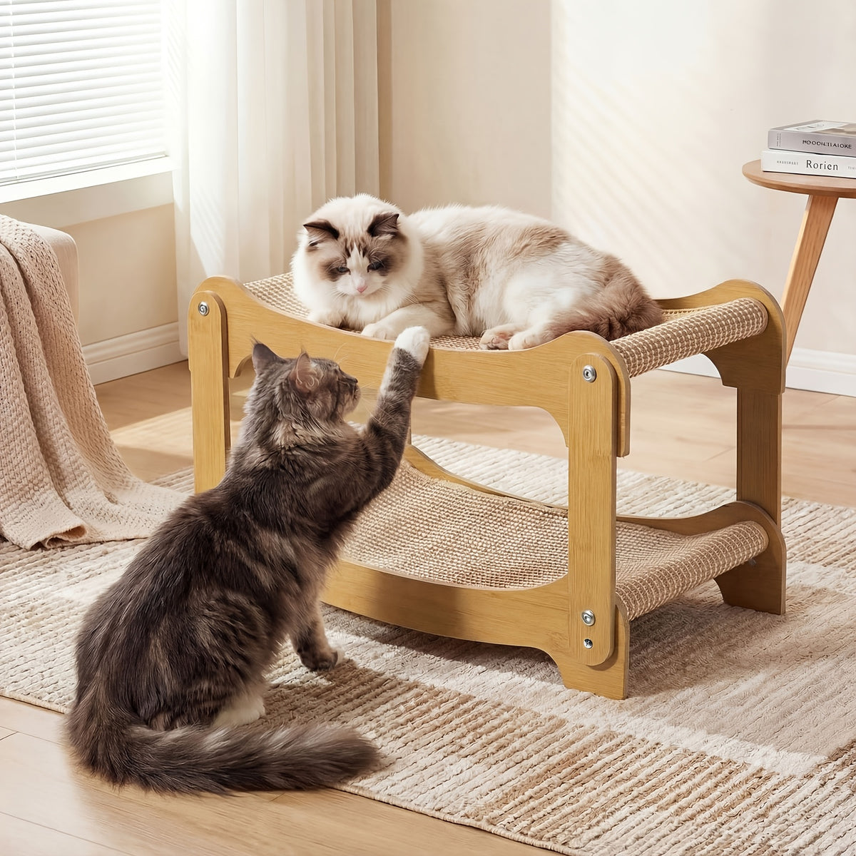 Cat Bunk Bed with Sisal Scratching Surfaces, Wooden Double-Decker Indoor Cat Lounger with Two Open Resting Levels, Large Size