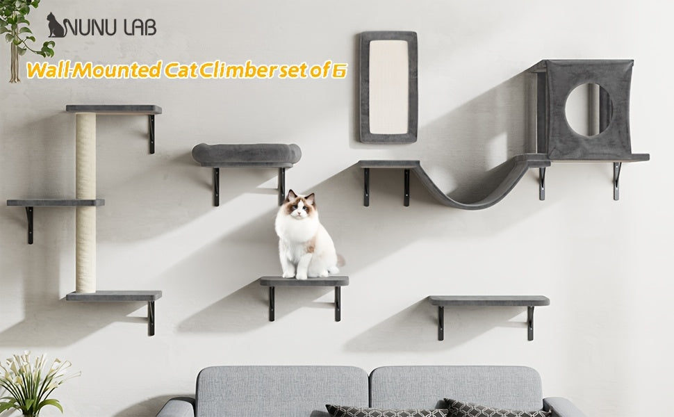 Cat Wall Climbing Shelves with Condo, 6-Piece Wall-Mounted Furniture Set with Scratching Post, Bridge Ladder and Board for Small and Medium Indoor Cats