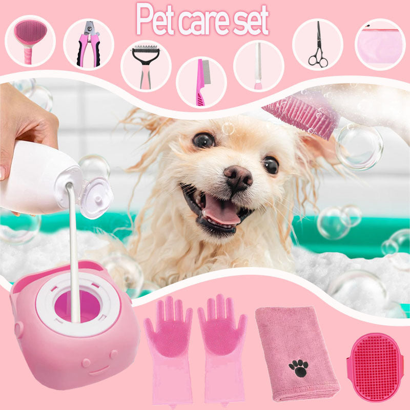 Pet Grooming Kit with Deshedding Gloves, 11-Piece Pink Set Including Brushes, Scissors and a Towel for Everyday At-Home Coat Care