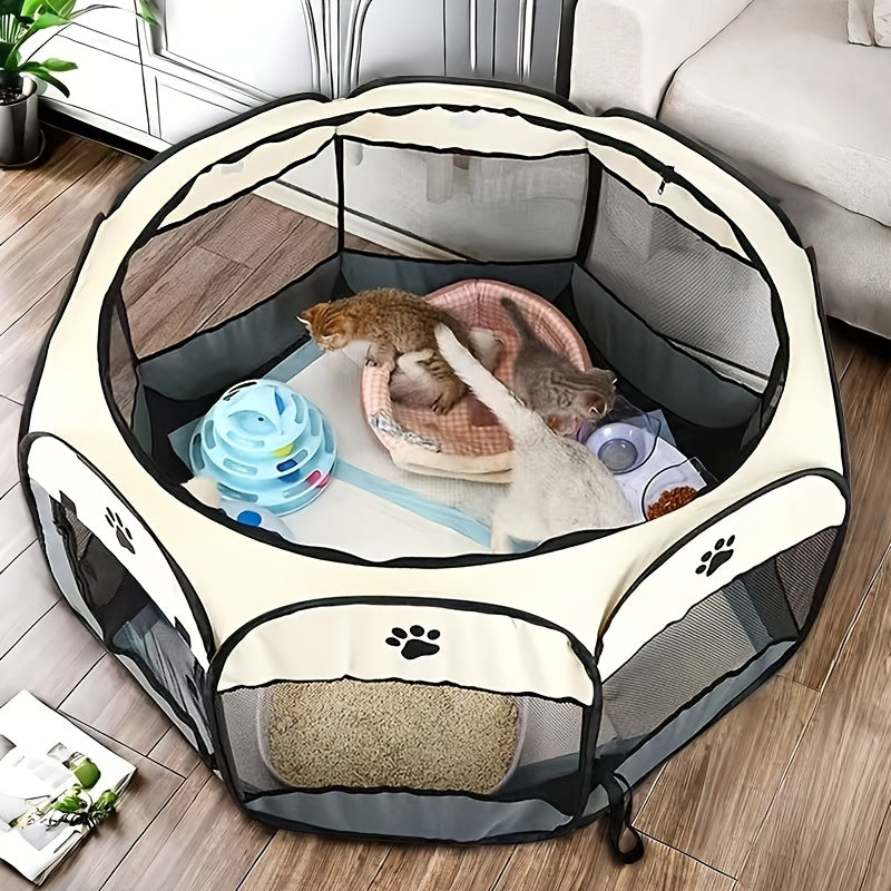 Octagonal Dog Playpen Tent, Foldable Oxford Fabric Pet Enclosure for Dogs and Cats, Blue or Beige Portable Kennel in M, L and XL Sizes
