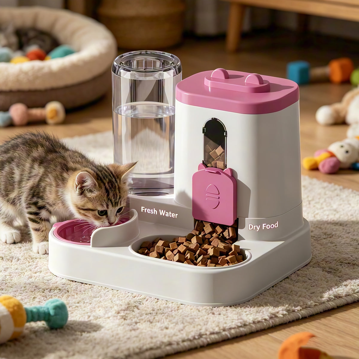 2-in-1 Cat Feeder and Water Dispenser, Non-Electric Gravity Food and Water Station for Cats and Small Dogs with Optional Cleaning Brush