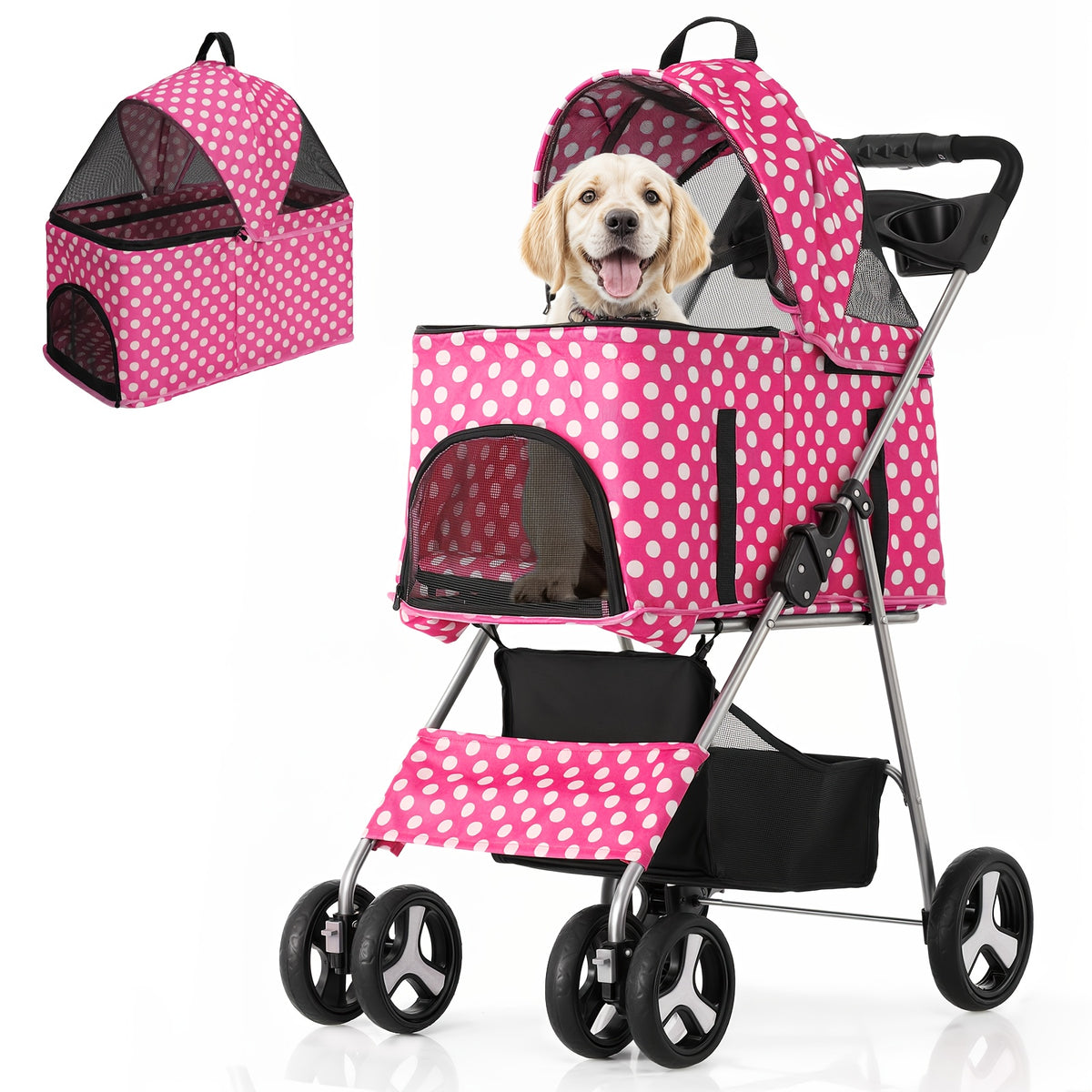 Dog Stroller for Pets up to 33 lbs, 3-in-1 Foldable Pushchair with Detachable Carrier, Car Seat Mode, Push-Button Entry and Mesh Canopy