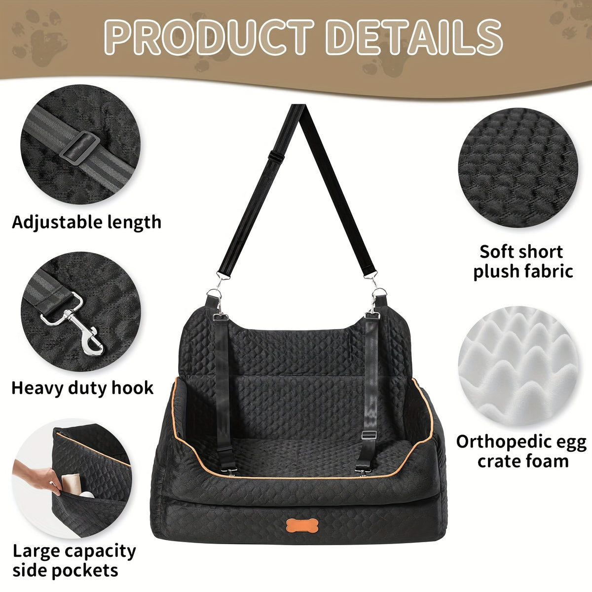Dog Car Seat with Thick Removable Cushion, 31.1 Inch Washable Back Seat Travel Bed with Raised Sides and Six Colors for Dogs Under 55 lbs