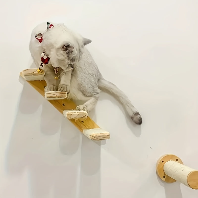 Cat Wall Stairs with Four Rope-Wrapped Steps, Solid Wood Wall-Mounted Climbing Ladder for Indoor Cat Routes and Space-Saving Furniture Layouts