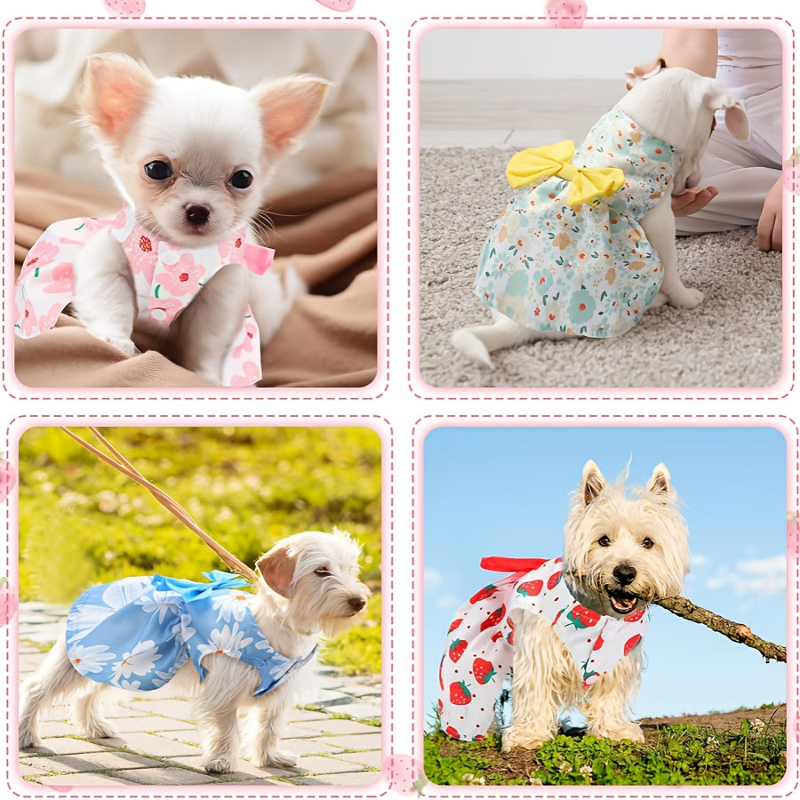 Small Dog Dress Set, 5-Style Floral and Bow Princess Puppy Clothes for Summer Dress-Up, Birthday Photos and Pet Parties, Pink XS–XXL
