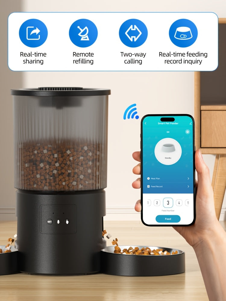 Automatic Cat Feeder for Two Cats, 4.5L WiFi App-Controlled Dry Food Dispenser with Double Bowls and Timed Feeding for Multi-Pet Homes
