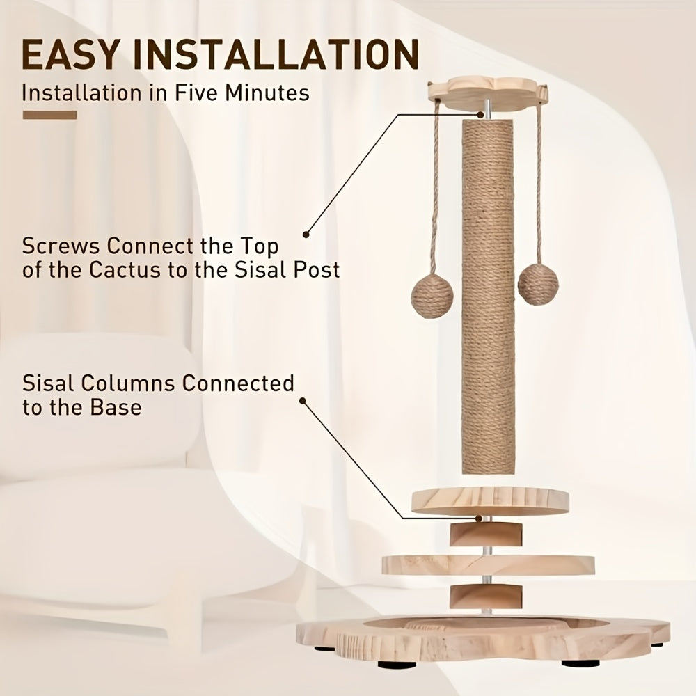 4-in-1 Cat Scratching Post with Wooden Ball Track, Sisal Scratcher with Six Wooden Balls, Feather Teaser and Hanging Toys for Indoor Cats