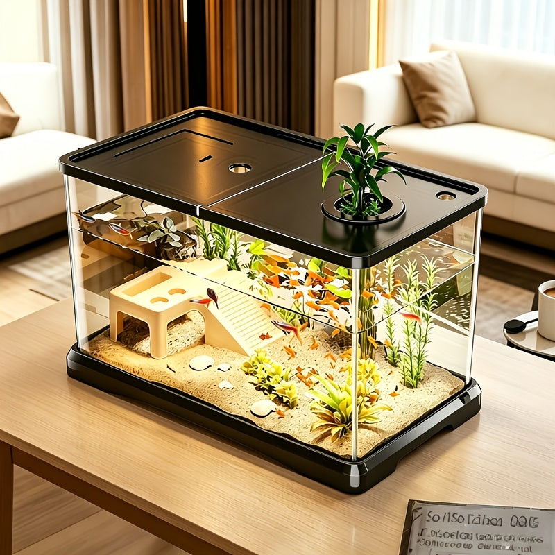 Transparent Fish Tank with Top Lid, 15.35 x 8.66 x 8.46 Inch Rectangular Aquarium for Home, Office and Classroom Aquatic Displays